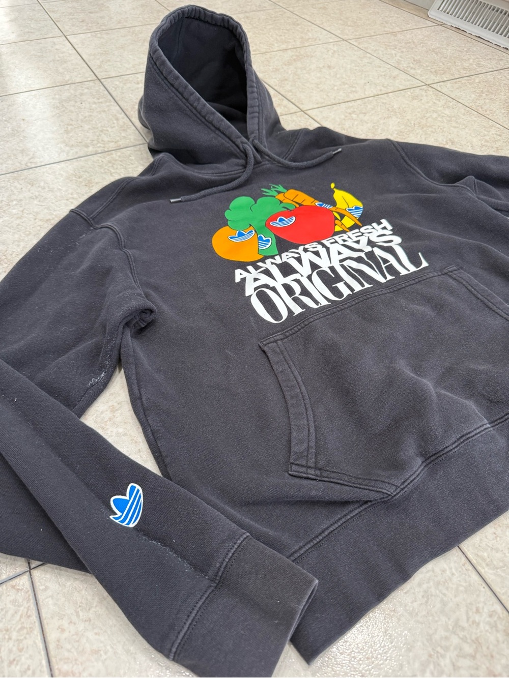 adidas Black Crewneck Hoodie with Colorful Fruit Graphic